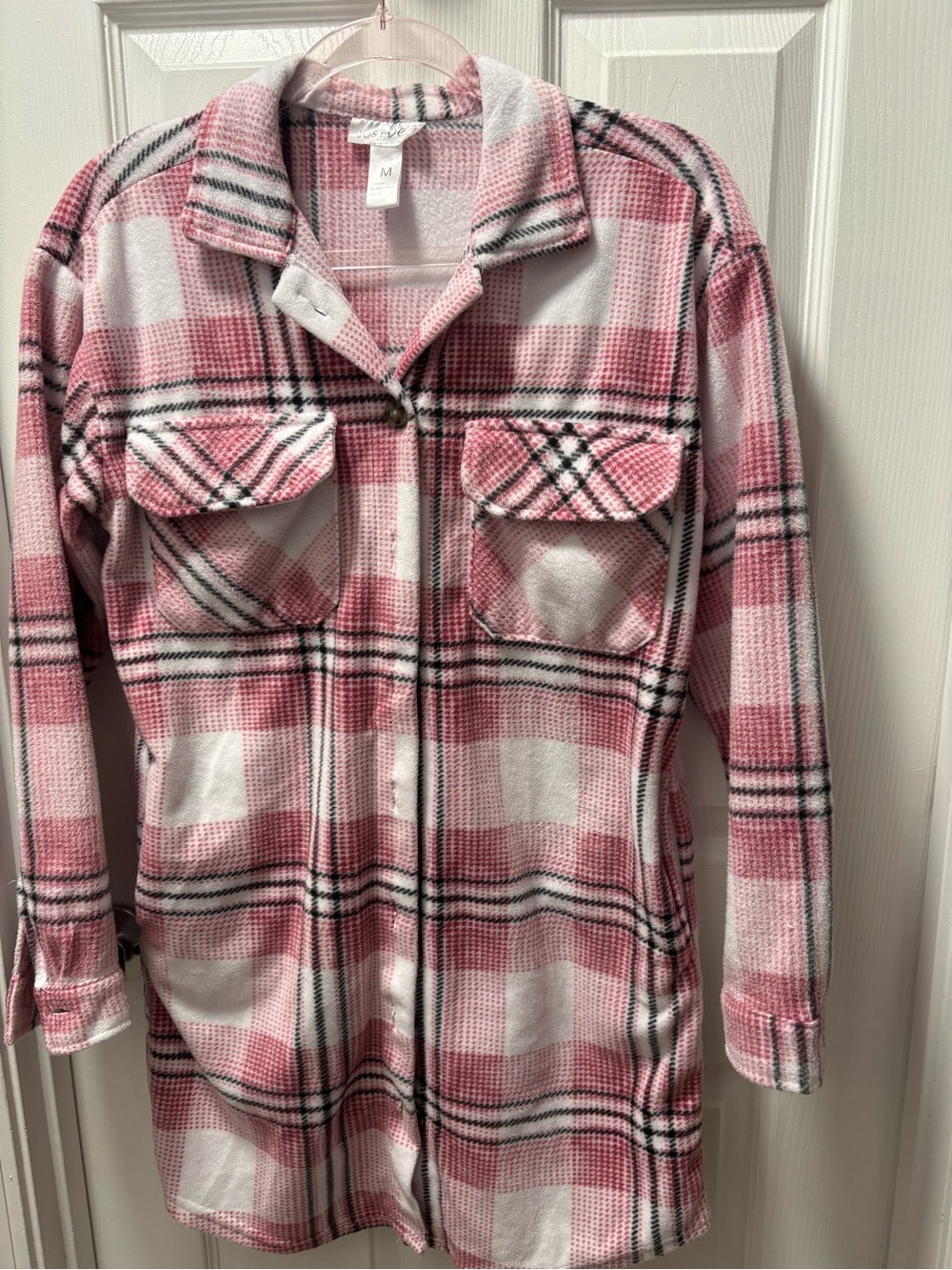 just be Pink and White Plaid Button-Front Shacket Jacket